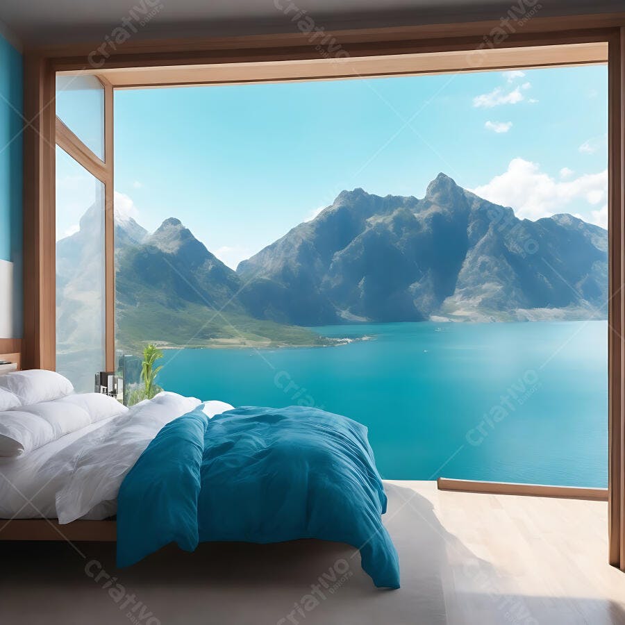 Quarto aconchegante com cama azul e vista panorâmica para montanhas e lago