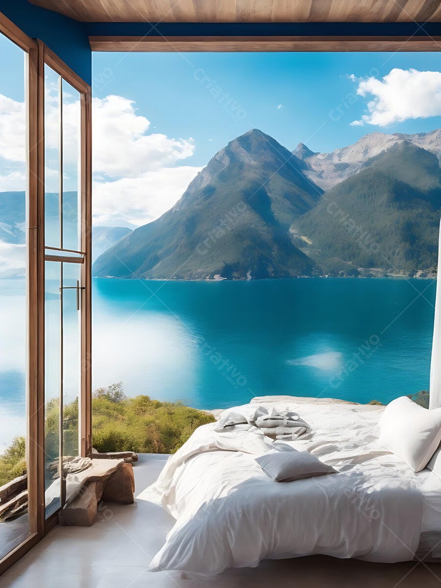 Quarto luxuoso com vista para lago montanhas e céu azul