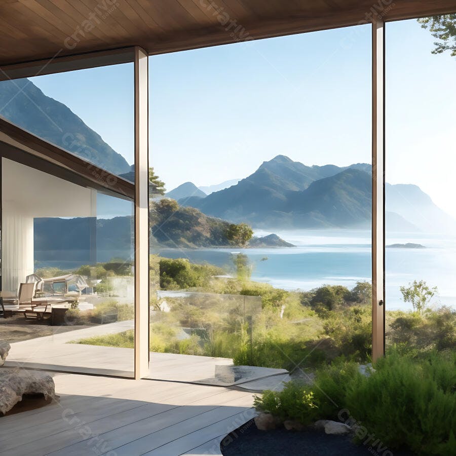 Casa moderna com vista panorâmica para lago e montanhas na natureza