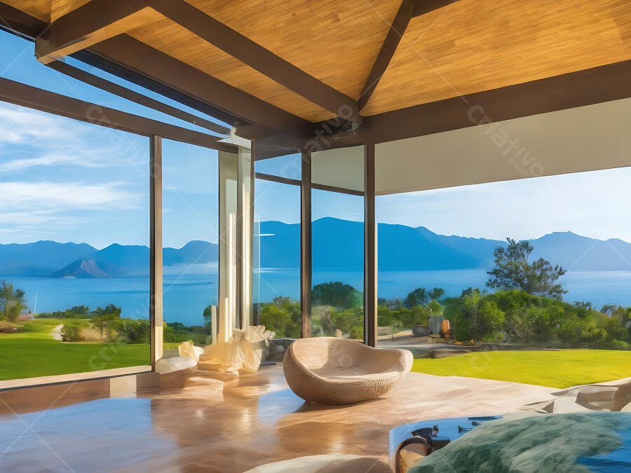 Sala de estar moderna vista panorâmica para o mar e montanhas teto de madeira