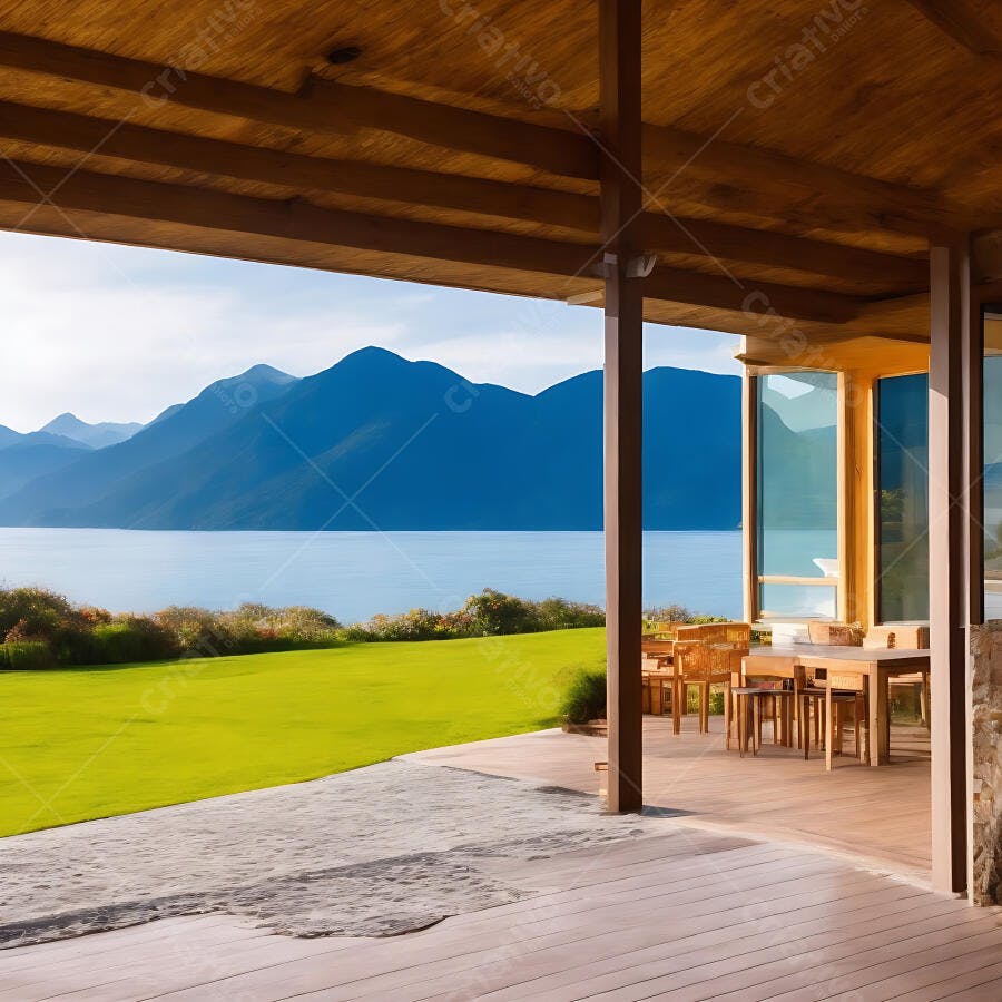 Casa moderna com deck de madeira e vista para lago e montanhas