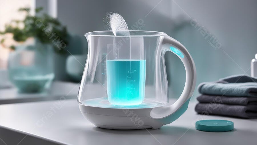 Aparelho purificador de água moderno com líquido azul brilhante em banheiro