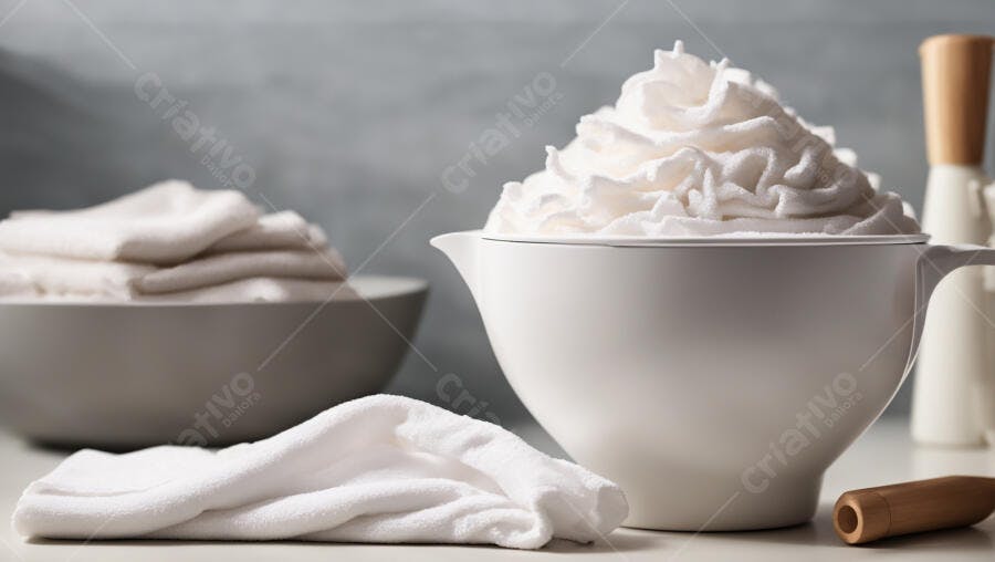 Material branco fofo em tigela com toalhas macias para spa