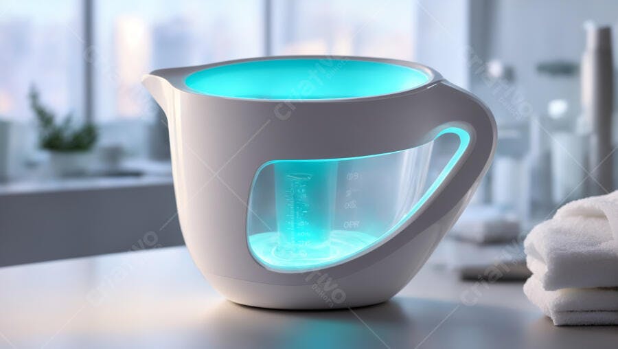 Jarra inteligente branca com luz azul para preparo de alimentos infantis