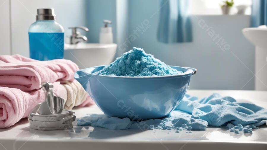 Pó de lavagem azul e toalhas rosa dobradas em banheiro moderno