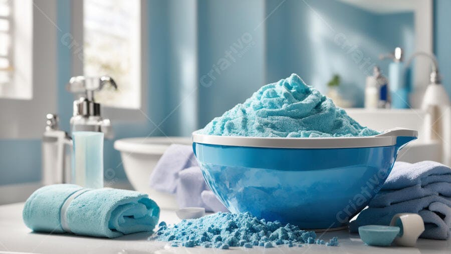 Detergente azul em pó em tigela com toalhas no banheiro claro