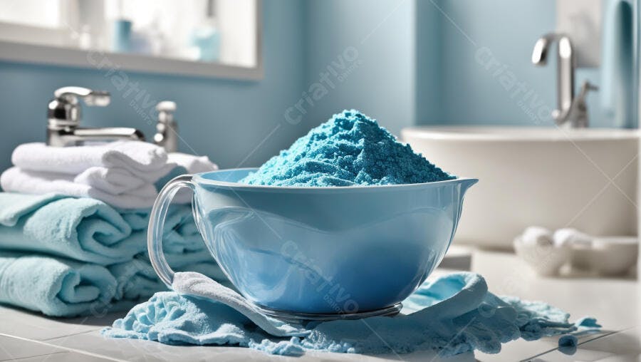 Tigela azul com pó detergente em banheiro moderno