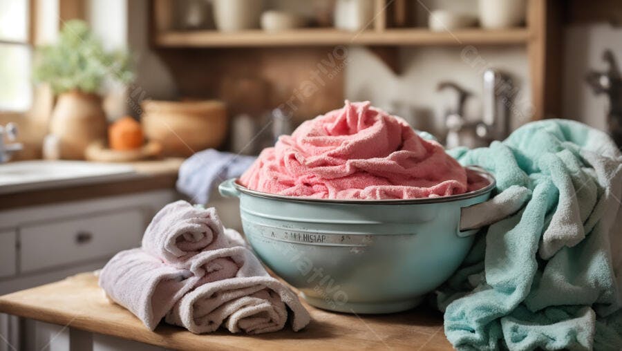 Toalhas de roupa rosa e azul lavadas em bacia na bancada da cozinha