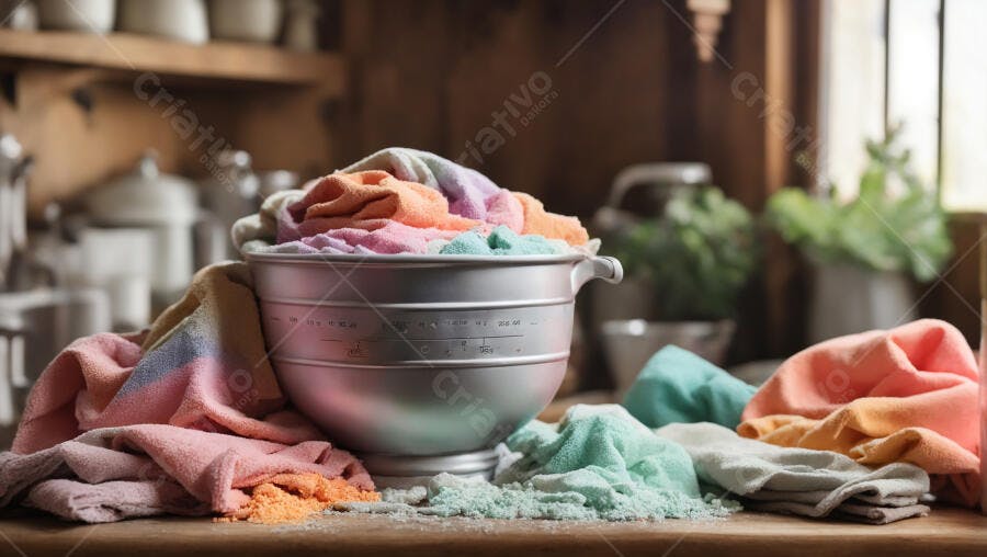 Roupas coloridas com sabão em pó em bacia de metal sobre bancada de madeira