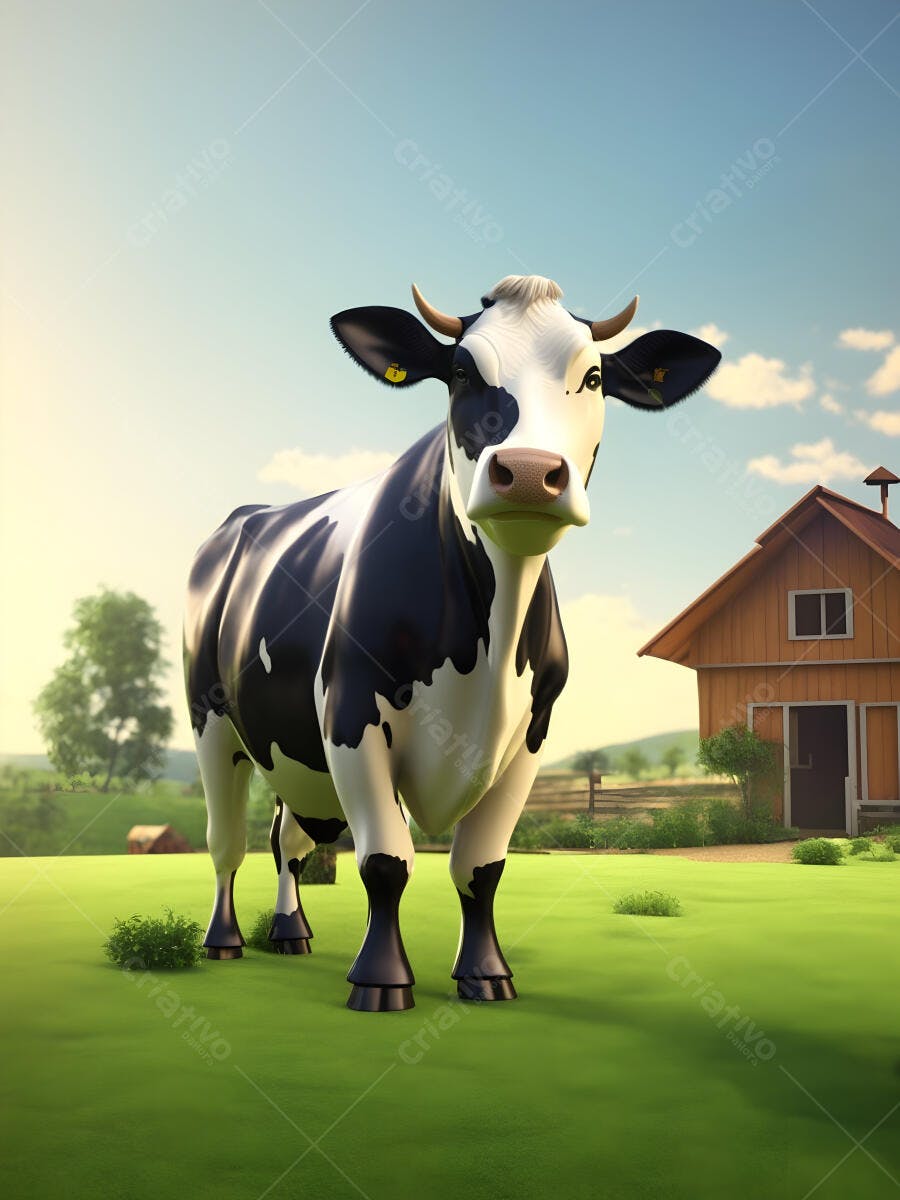 Vaca preta e branca em campo verde com fazenda sob céu azul ensolarado