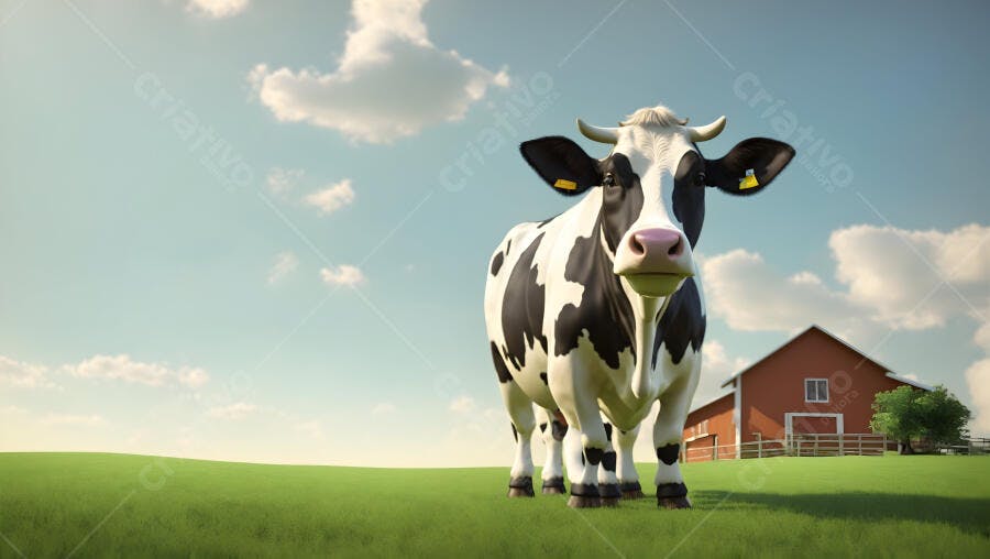Vaca Holstein preta e branca em pasto verde com celeiro e céu azul claro