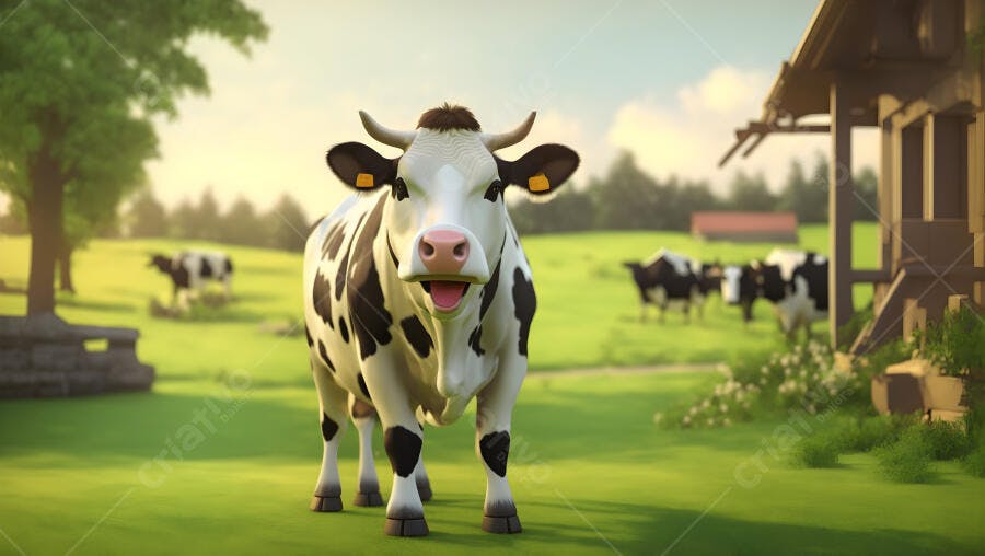 Vaca malhada preta e branca sorrindo no pasto ensolarado da fazenda