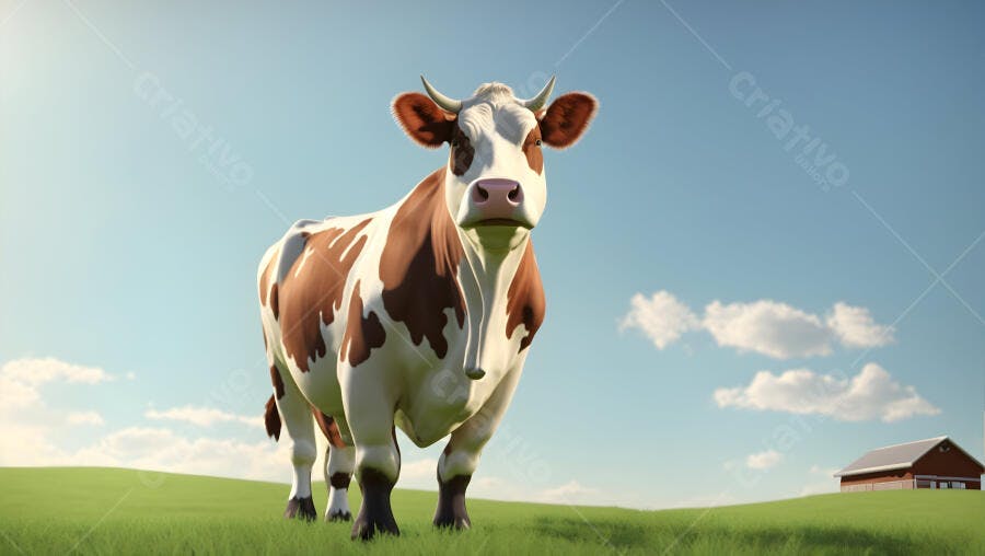 Vaca marrom e branca em pasto verde sob o céu azul com celeiro distante