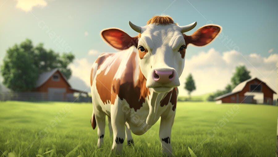 Vaca marrom e branca pastando em fazenda rural com celeiros
