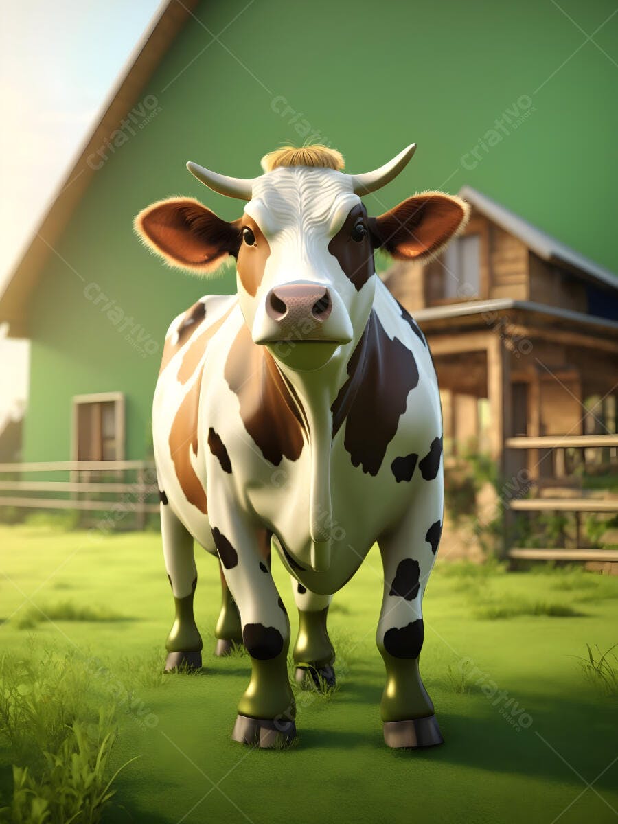 Vaca holandesa marrom e branca em pasto verde com fazenda