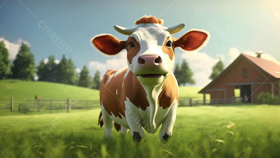 Vaca marrom e branca sorrindo em campo verde com celeiro