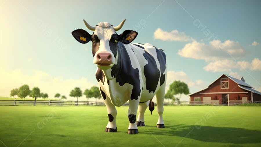 Vaca Holstein preta e branca em pasto verde com celeiro vermelho
