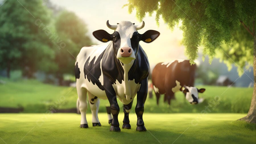 Vaca malhada preta e branca em pasto verde ensolarado