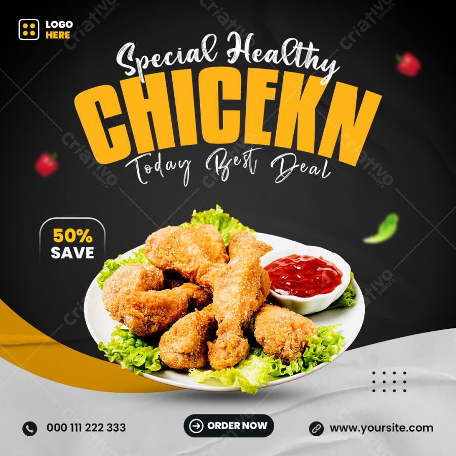 Post Rede Social Oferta Healthy CHICEKN 50% Save PSD Editável