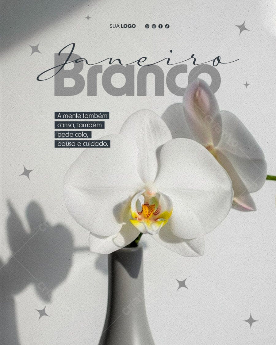Flyer Janeiro Branco Orquídea Saúde Mental PSD Editável