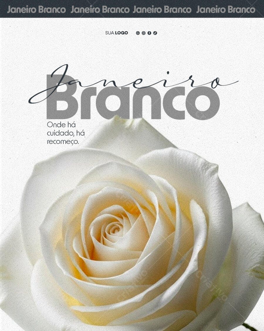 Flyer Janeiro Branco Rosa Branca Slogan Cuidado Recomeço PSD Editável