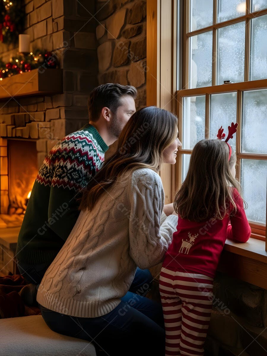 Família feliz olhando pela janela nevada com lareira acesa no Natal