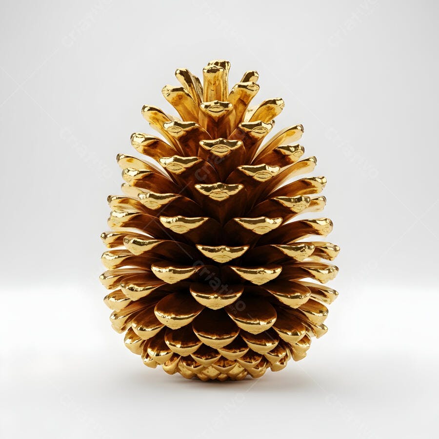 Pinha dourada metálica brilhante em fundo branco para decoração natalina