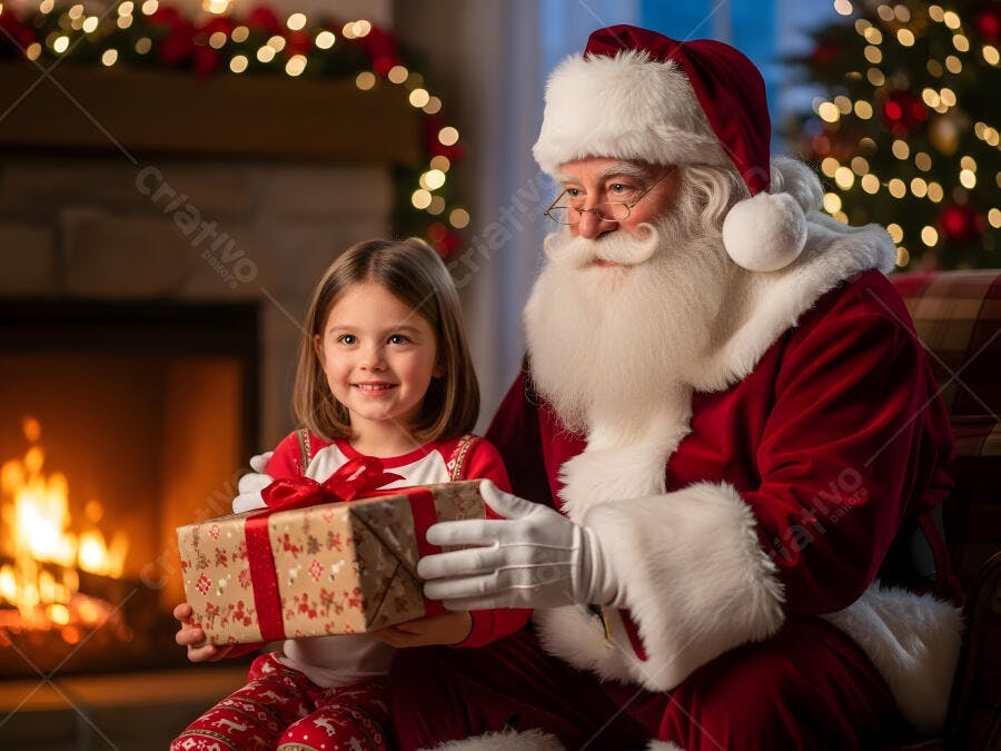 Menina feliz com Papai Noel recebendo presente de Natal pela lareira