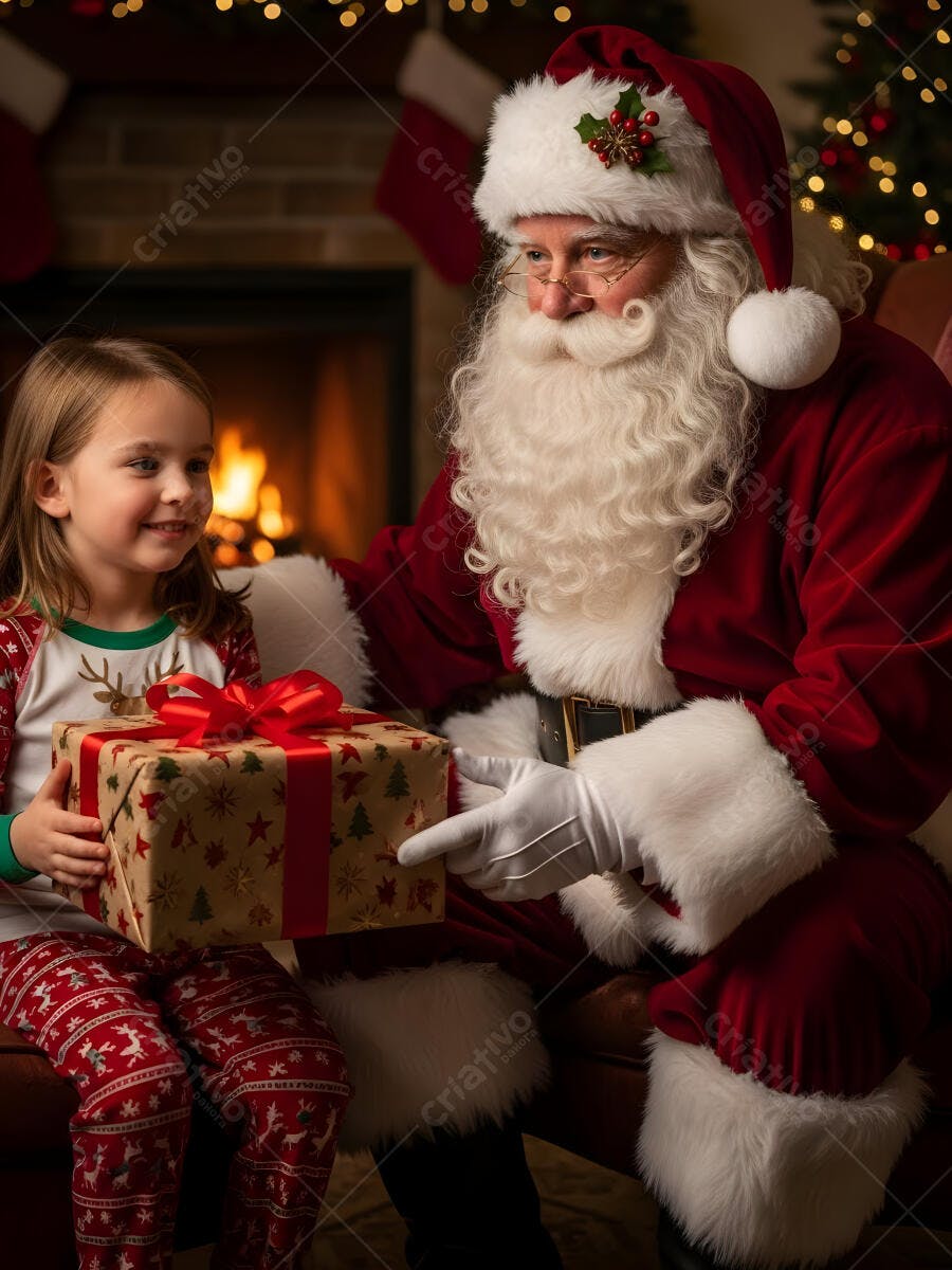Menina loira recebendo presente de Papai Noel em pijama de natal aconchegante
