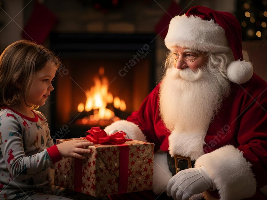 Menina e Papai Noel trocando presente natalino em lareira aconchegante