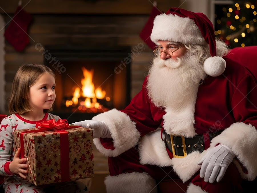 Papai Noel e menina feliz trocando presente na acolhedora sala de Natal com lareira acesa