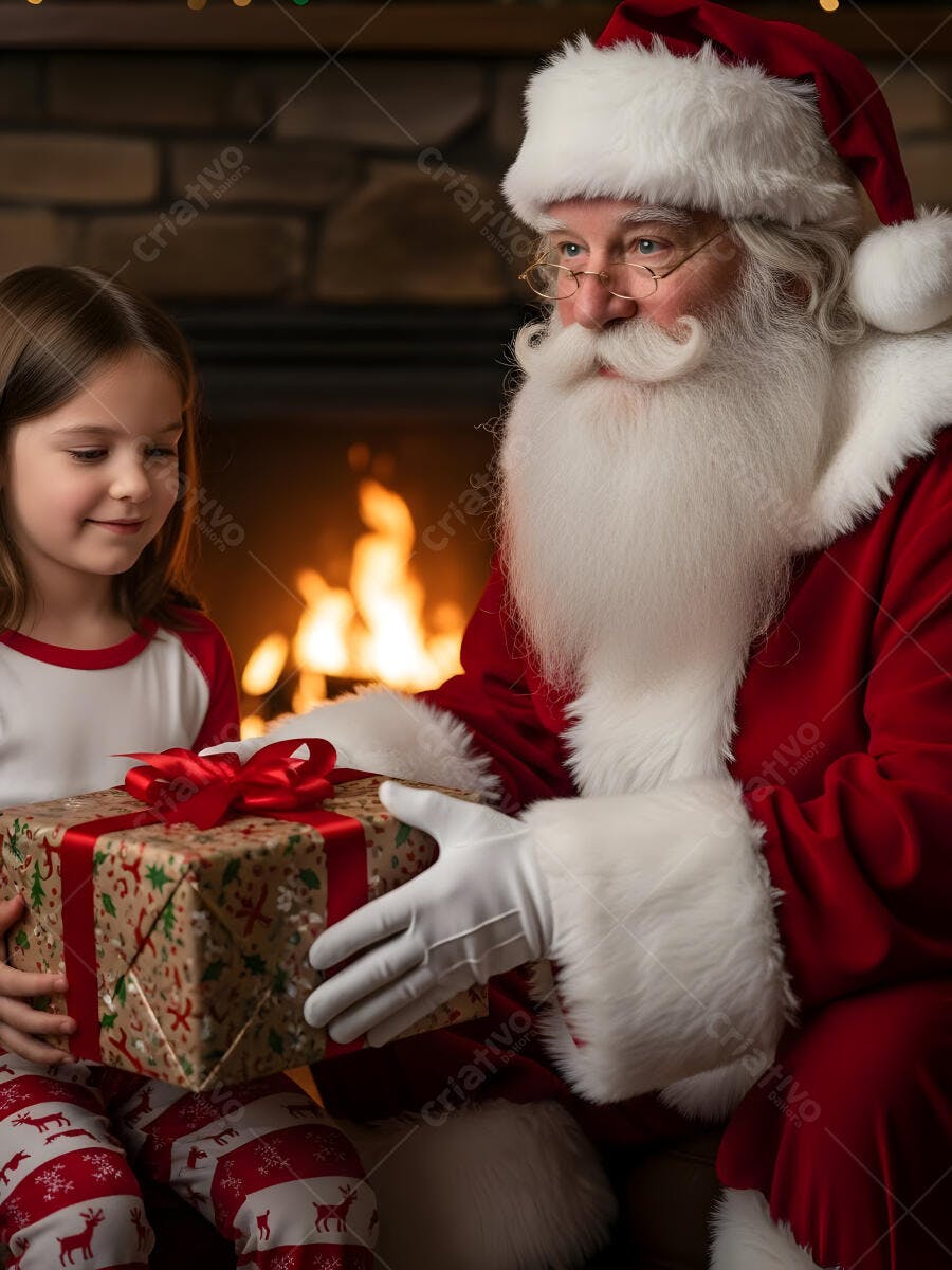 Papai Noel entregando presente de Natal para menina sorrindo junto à lareira