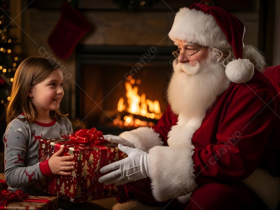 Menina branca feliz recebendo presente do Papai Noel na lareira Natal