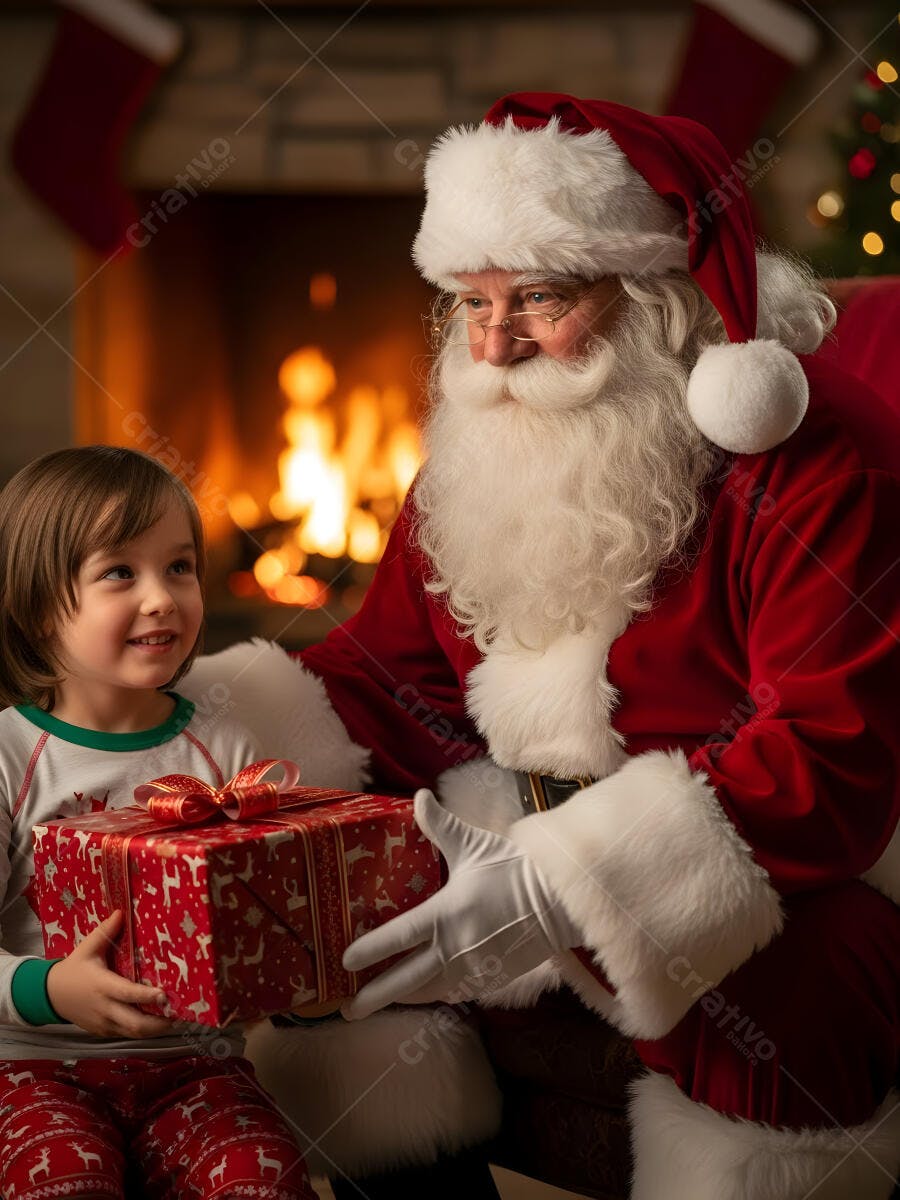 Papai Noel de barba branca presenteando criança feliz em pijama natalino em frente à lareira