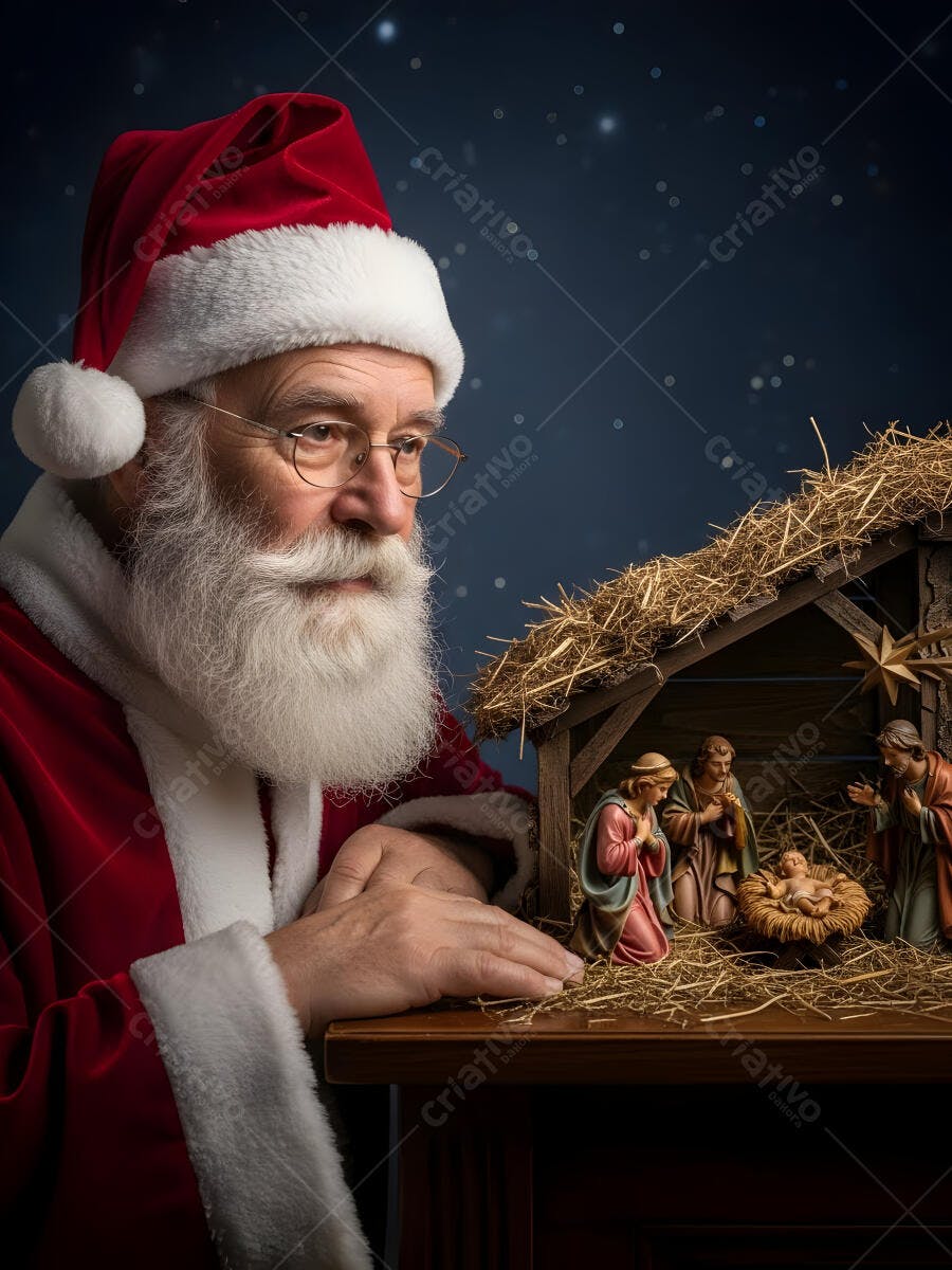 Papai Noel barbudo de óculos olhando presépio tradicional de Natal