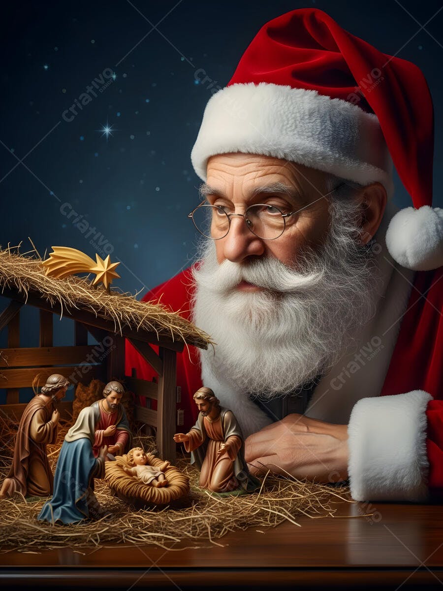 Papai Noel contemplando presépio tradicional em noite estrelada de Natal