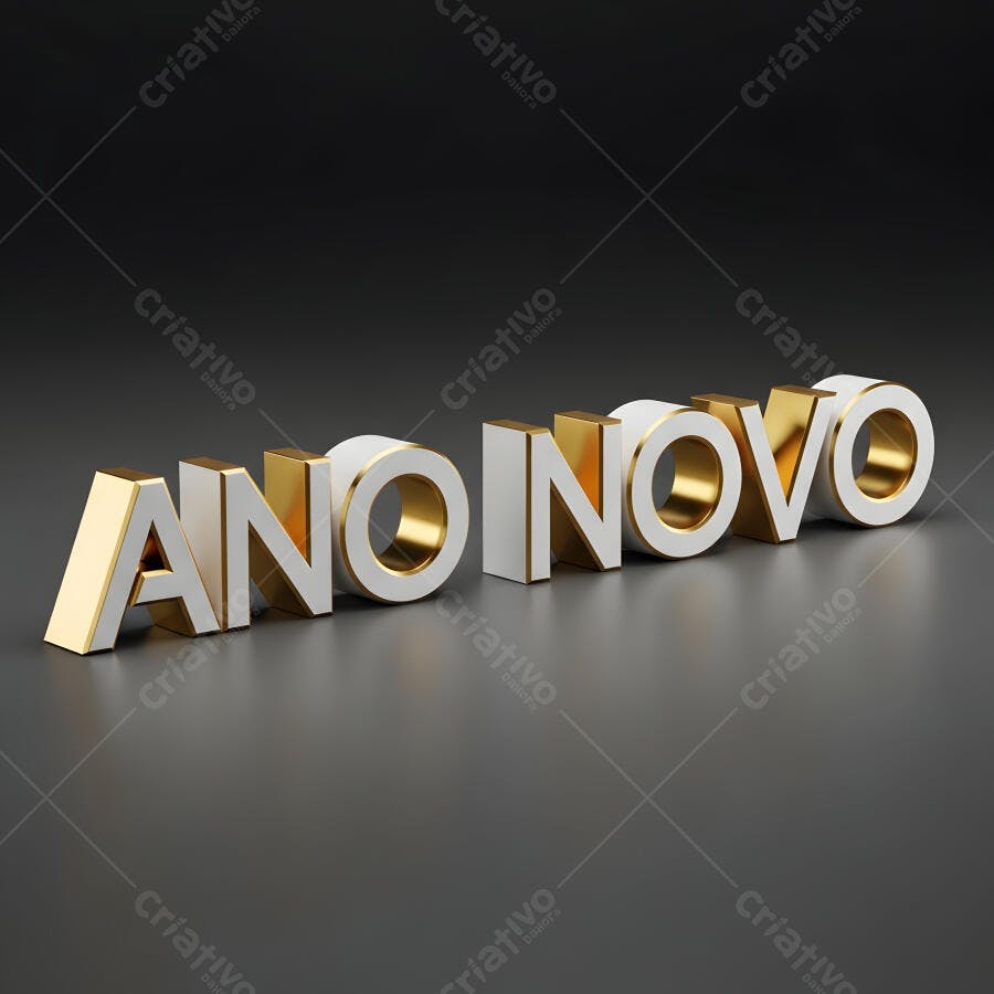 Ano Novo letras 3D douradas e brancas em fundo cinza escuro
