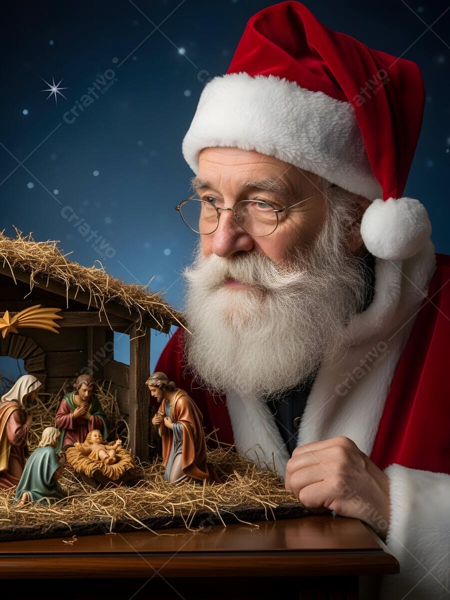 Papai Noel idoso observando presépio de Natal sob céu estrelado