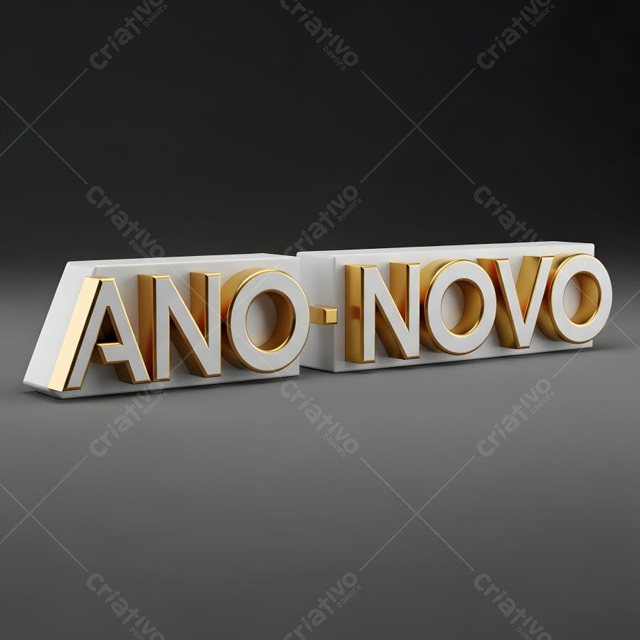 Ano Novo 3D letras brancas e douradas em fundo escuro e elegante