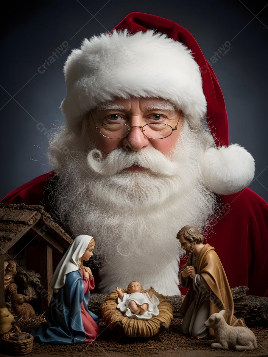 Papai Noel com barba branca e óculos observando presépio tradicional de Natal