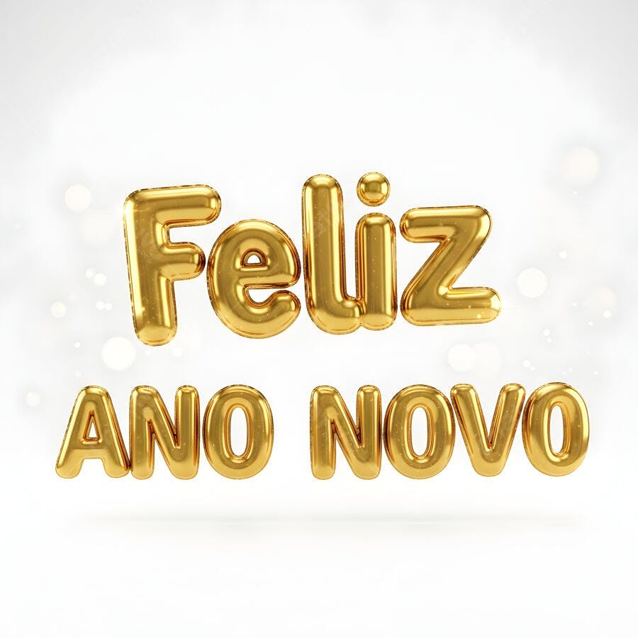 Mensagem Feliz Ano Novo em letras douradas 3D sobre fundo branco festivo