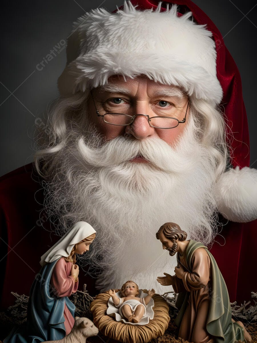 Papai Noel óculos barba branca e presépio com Maria José Jesus bebê