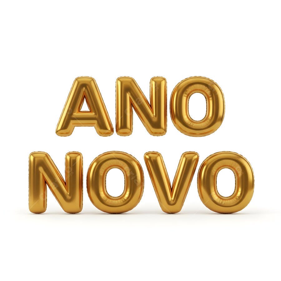 Ano Novo com letras de balão douradas em fundo branco
