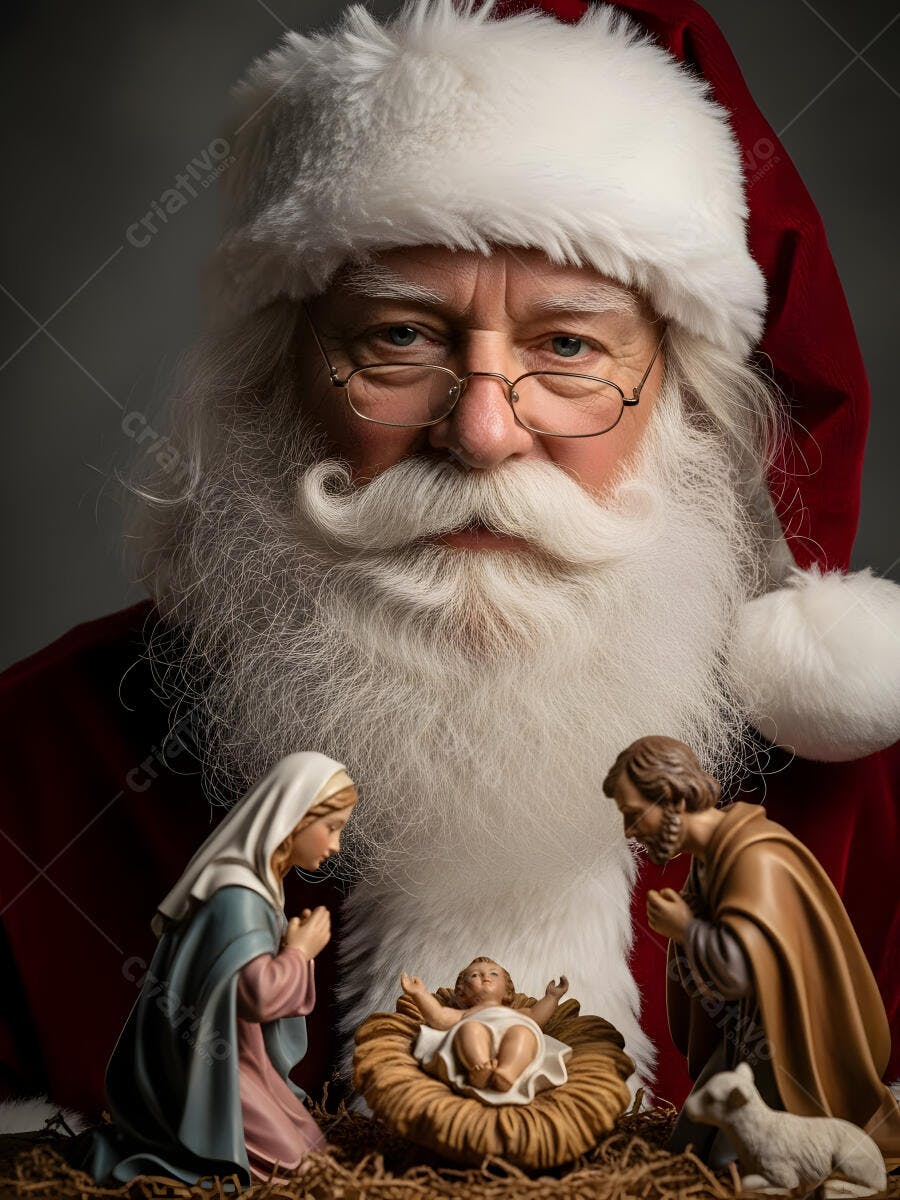 Papai Noel olhando presépio com Maria José e menino Jesus para Natal