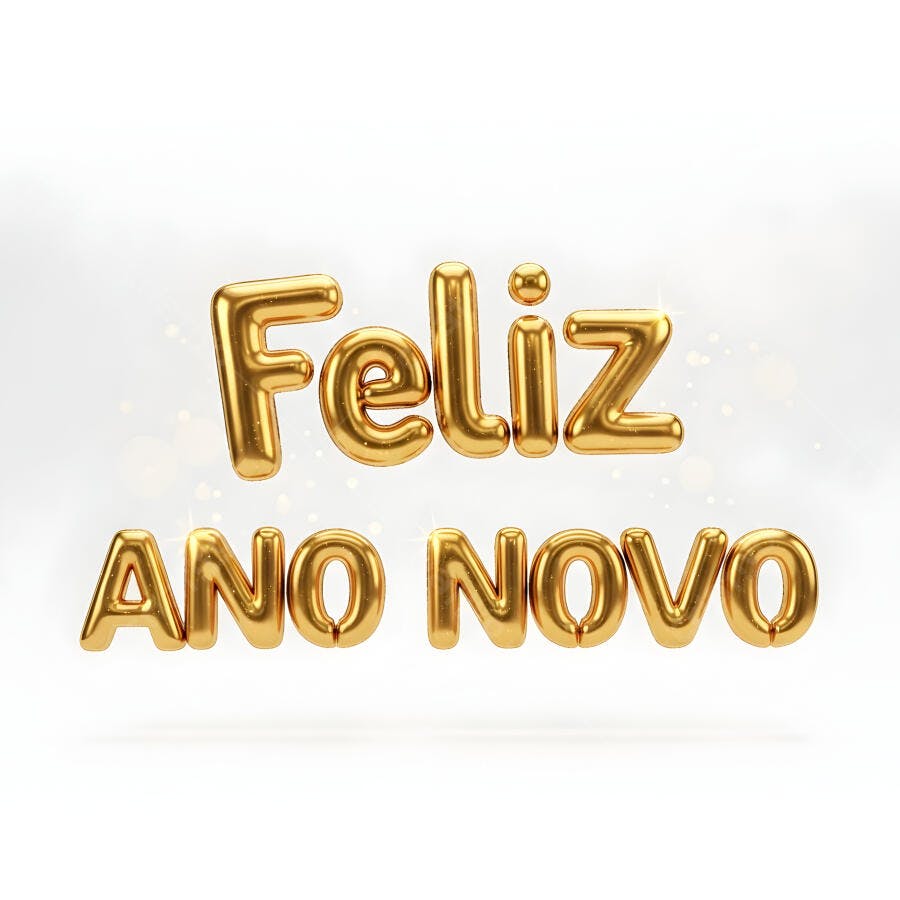 Feliz Ano Novo letras douradas 3D com brilho em fundo branco