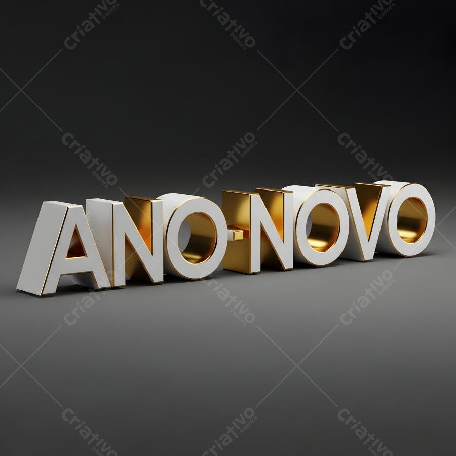 Ano Novo letras 3D brancas douradas em fundo cinza escuro elegante