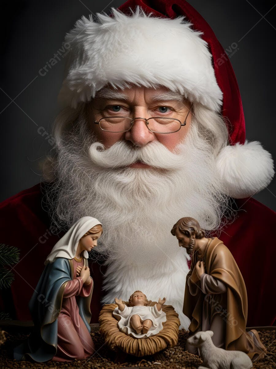 Papai Noel barba branca e óculos olhando presépio tradicional de Natal
