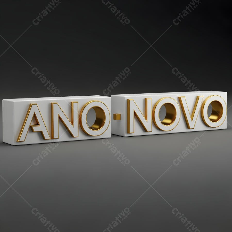 Ano Novo letras 3D brancas douradas em fundo escuro festivo