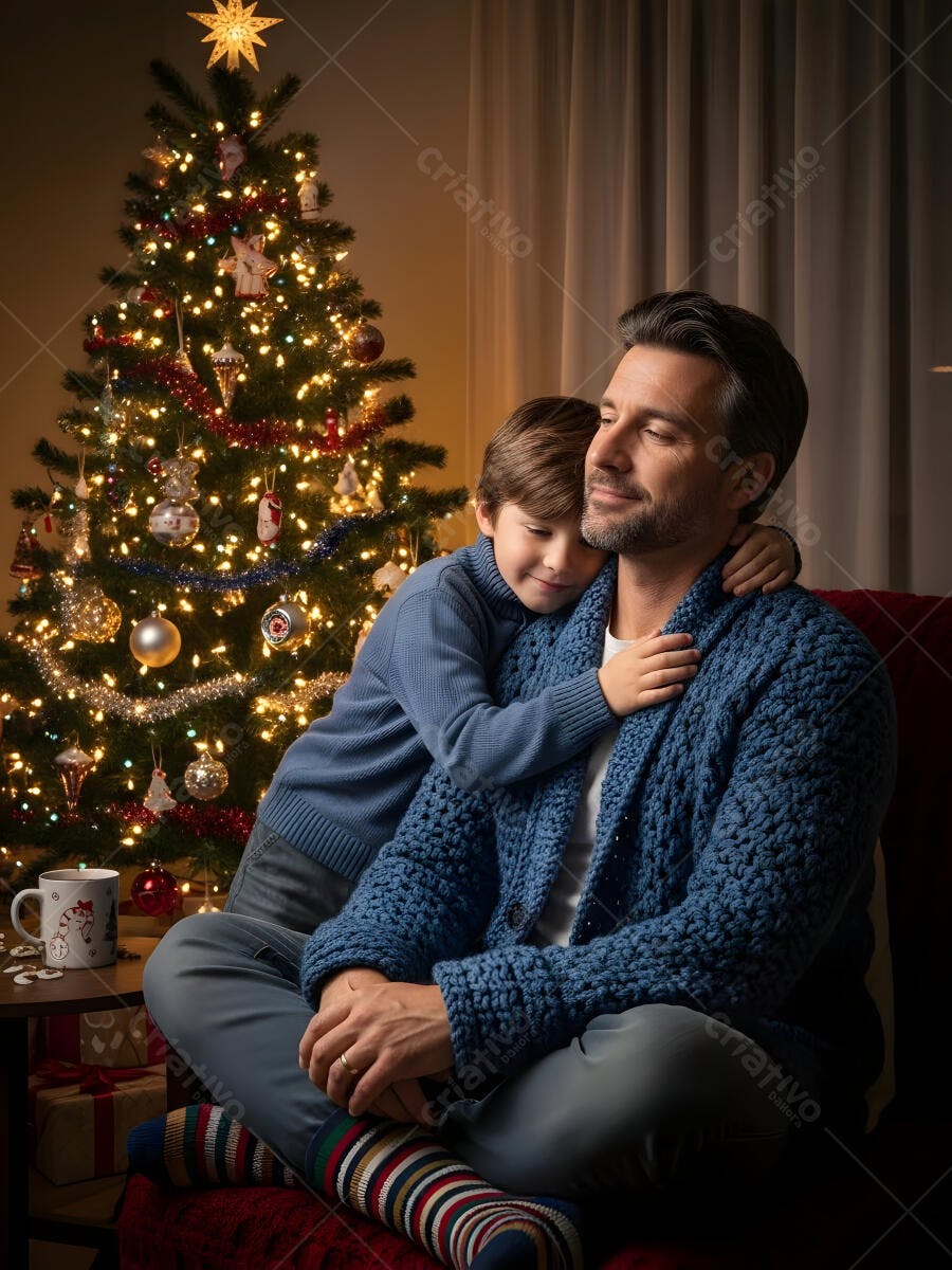 Pai e filho caucasianos de suéter azul abraçados na sala com árvore de Natal iluminada