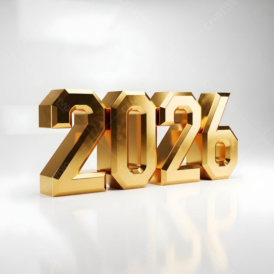 Ano 2026 dourado em 3D brilhante sobre fundo branco refletivo